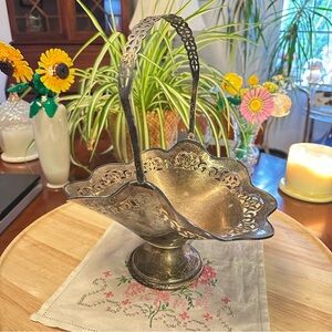 Antique E&JB Sheffield USA Silver-Plated Bridal Basket — Ornate Hinged Handle